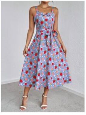 Floral Midi Sundress with Bow Tie - Light Blue & Red